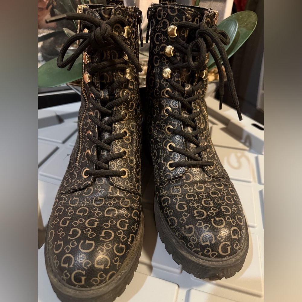 Guess Black and Gold Logo Combat Boots